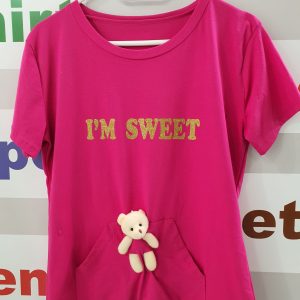 T-Shirt donna, manica corta con tasche, orsetto e scritta glitter