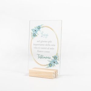 Proposta Per Testimone In Plexiglass Con Cornice Dorata E Fiori Azzurri- Vuoi Essere La Mia/ Il Mio Testimone?