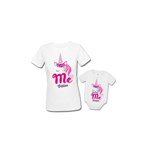 T-Shirt cotone donna manica corta + body personalizzata Me e mini me Unicorno