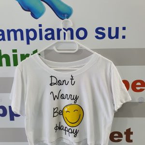 T-Shirt da donna corta, stampa con smile e scritta Don't Worry Be Happy