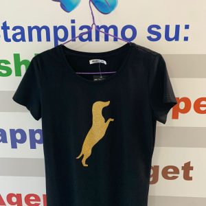 T-Shirt nera con immagine bassotto glitter dorato